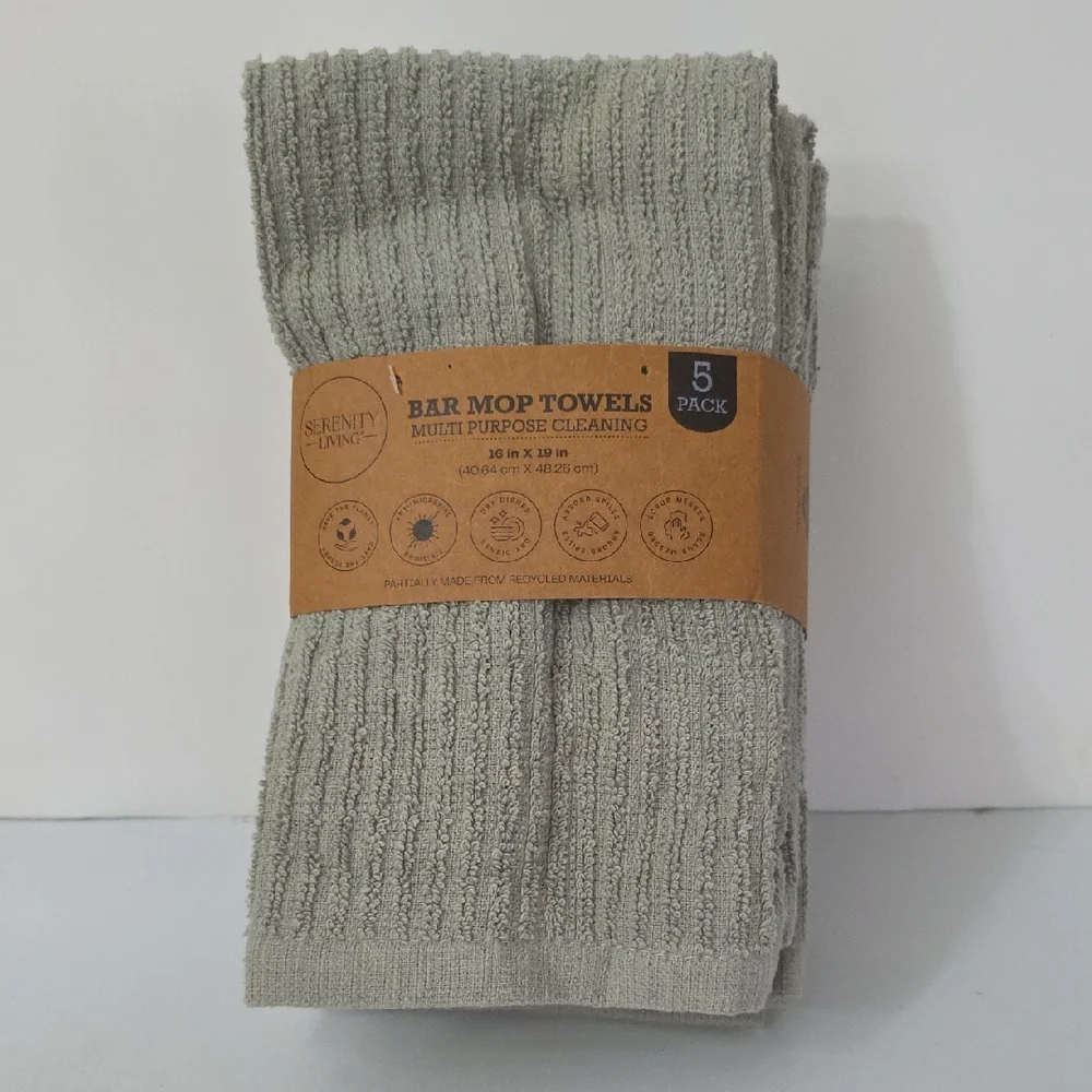 Serenity Multi-Purpose Light Gray Bar Mop Towels, Pack of 5, NWT